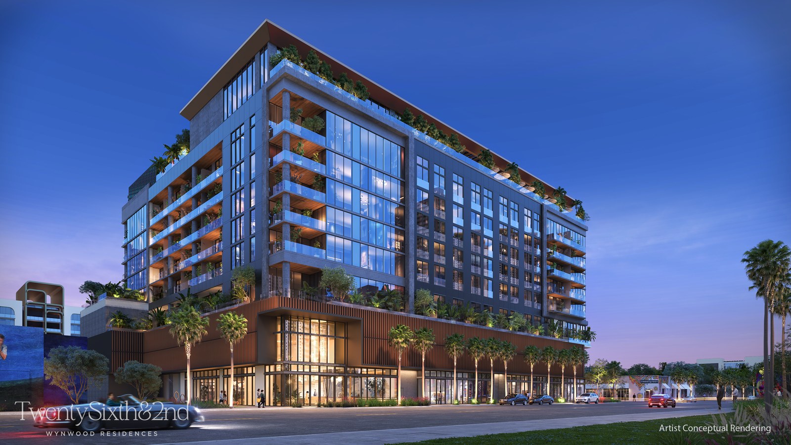 Wynwood 26 exterior at dusk, developer rendering